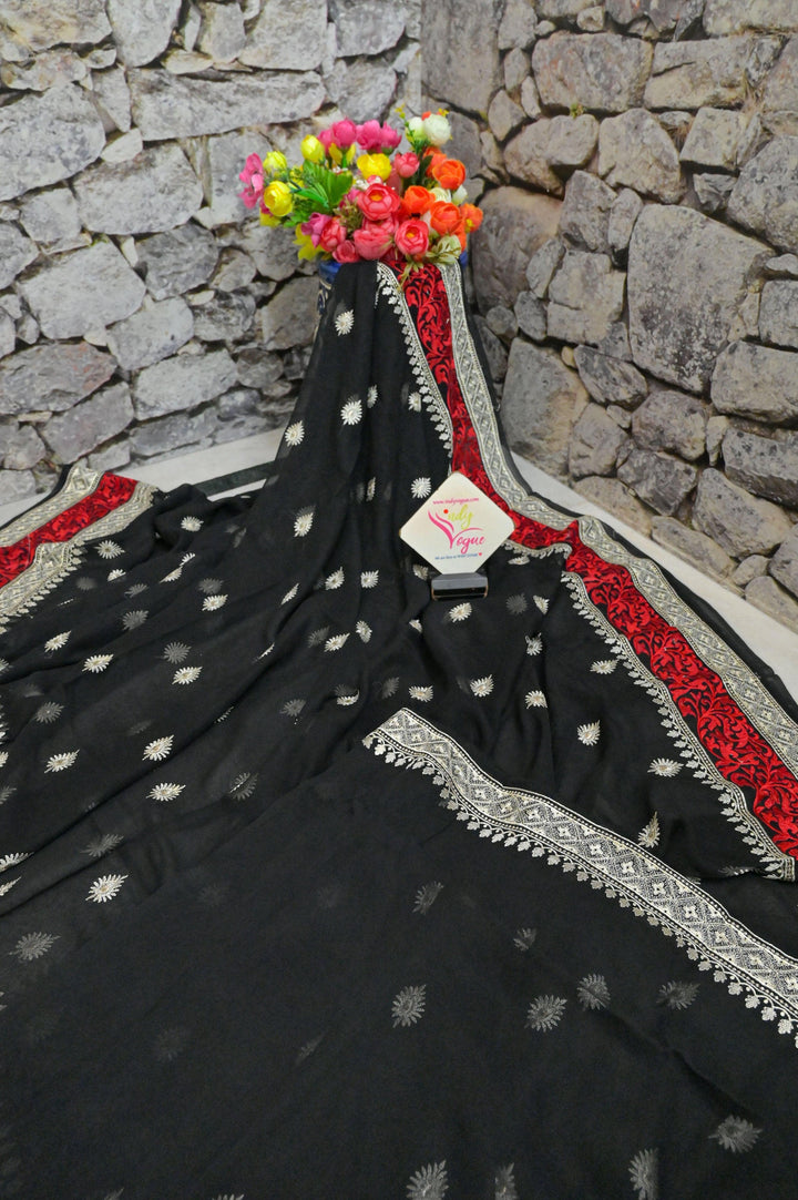 Zeus Black Color Georgette Saree with Allover Embroidery and Butta