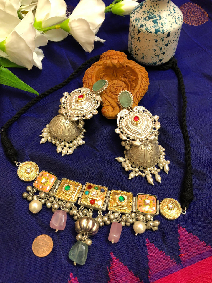 92.5 SIlver Polish Handmade Choker Necklace Set with Pachi Kundan and Monalisa Stone
