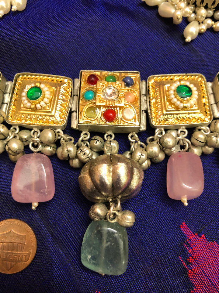 92.5 SIlver Polish Handmade Choker Necklace Set with Pachi Kundan and Monalisa Stone