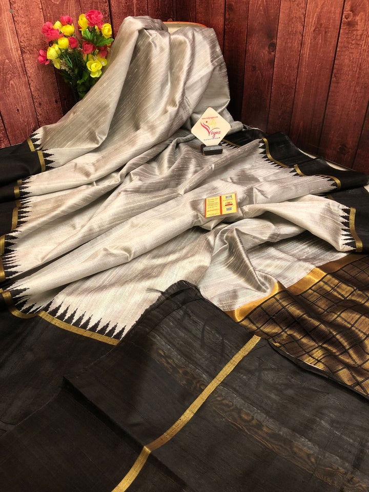 Aluminium and Black Color Pure Raw Silk Saree