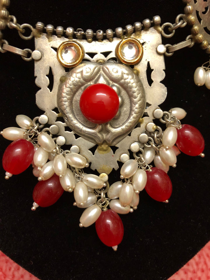 Antique Silver Choker Necklace Set with Kundan Work