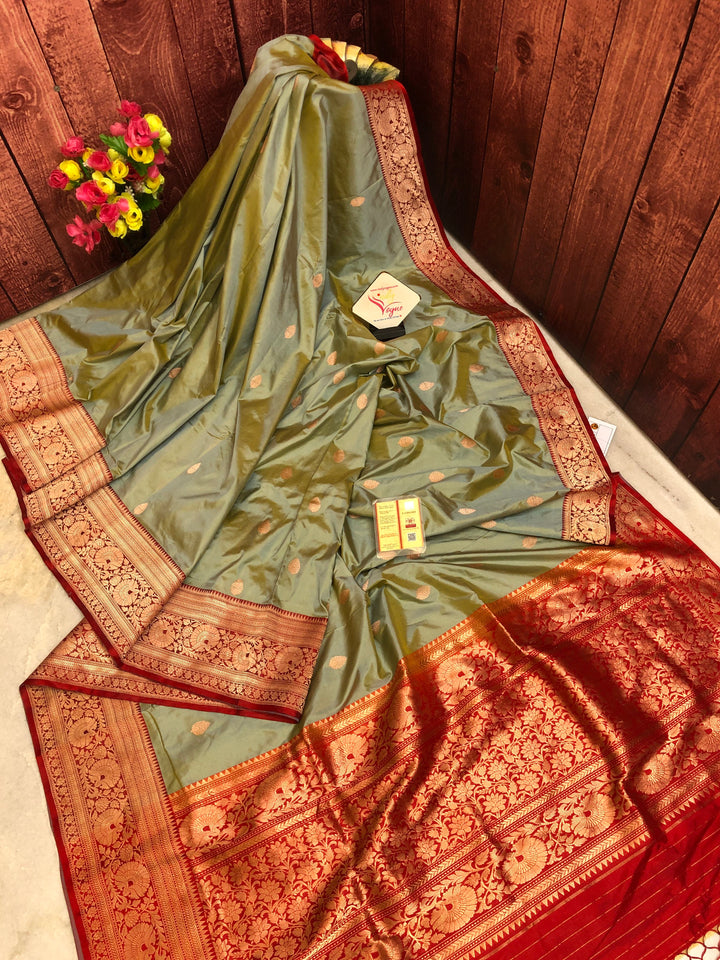 Artichoke Green Color Pure Katan Banarasi Saree
