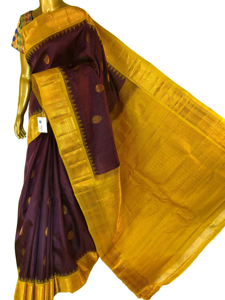 Beetroot and Mustard Golden Color Pure Gadwal Silk Saree