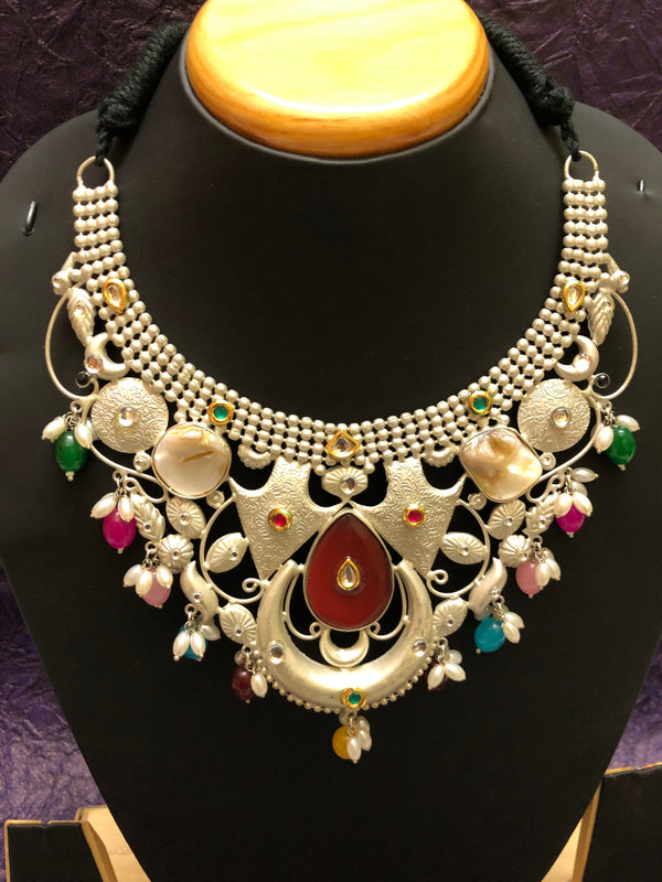Bib Style 92.5 Silver Polish Necklace Set with Kundan and Curve Stone Work