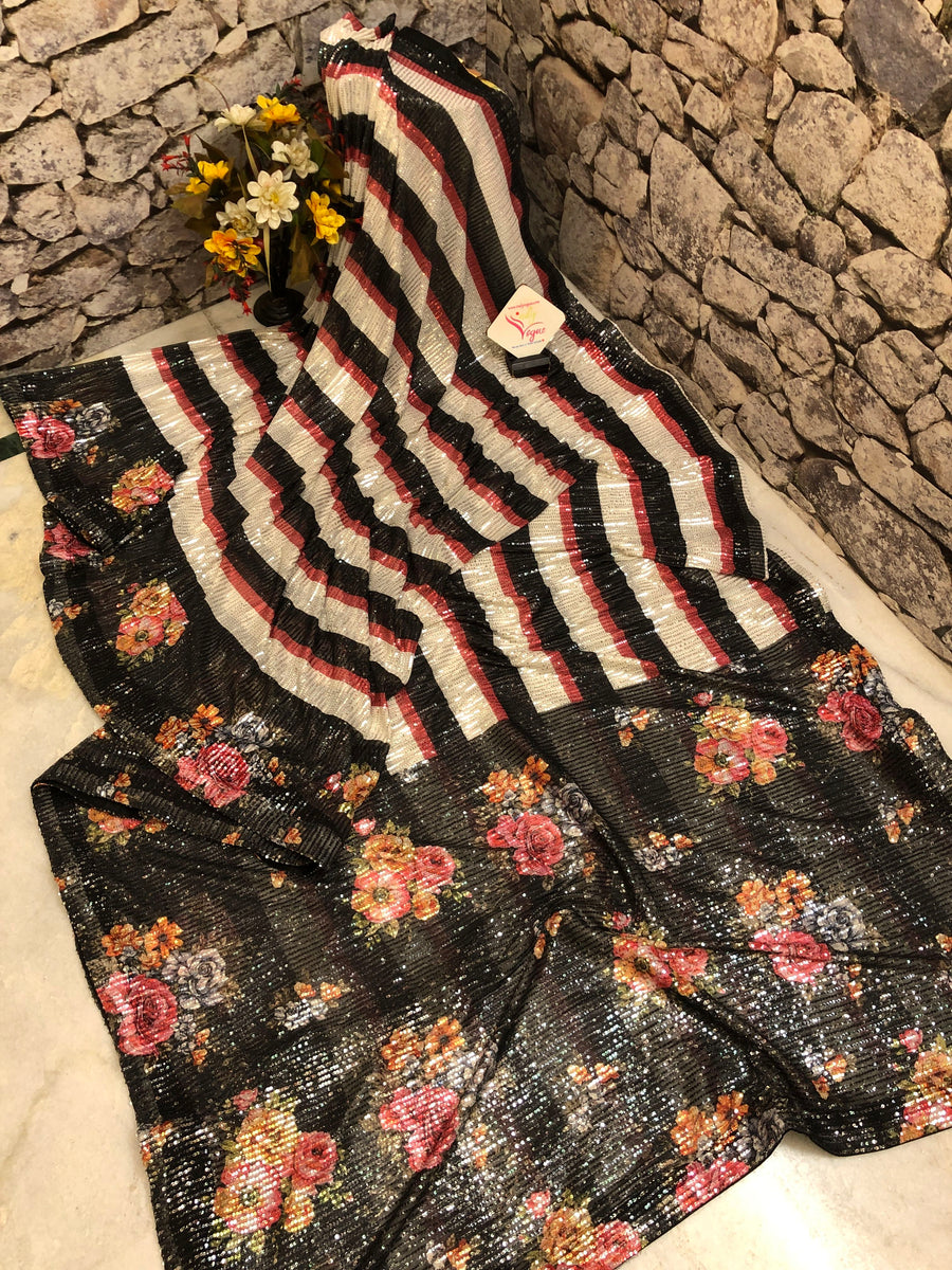 Black and Multiple Color Designer Net Saree with Digital Print & Sequin Work