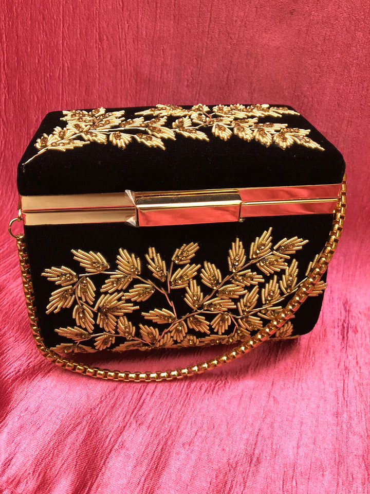 Black Color Velvet Box Clutch Bag with Hand Zardosi Work