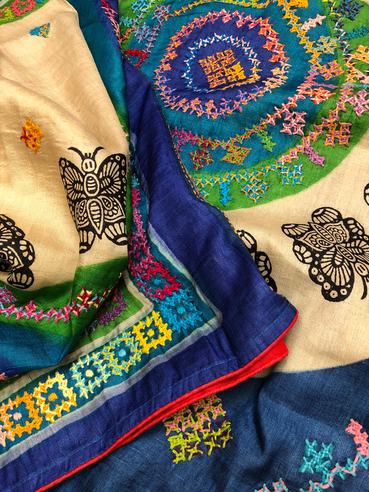 Blue and Sandalwood Color Pure Gachi Tussar Saree with Block Print and Kutchi Work