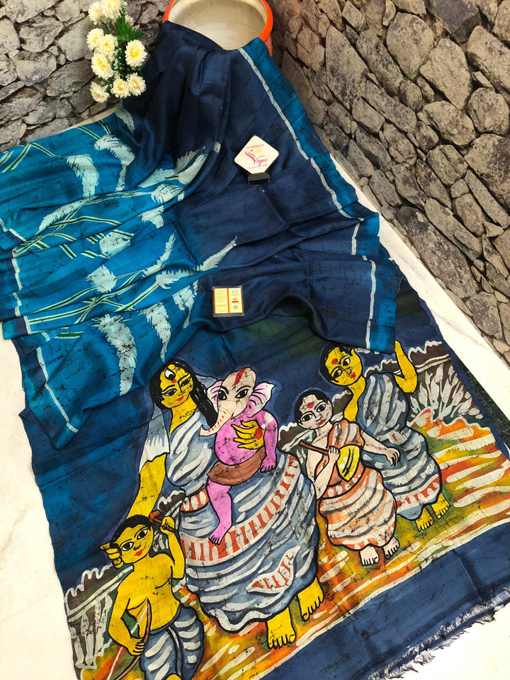Blue Color Pure Bishnupur Silk Saree with Hand Batik