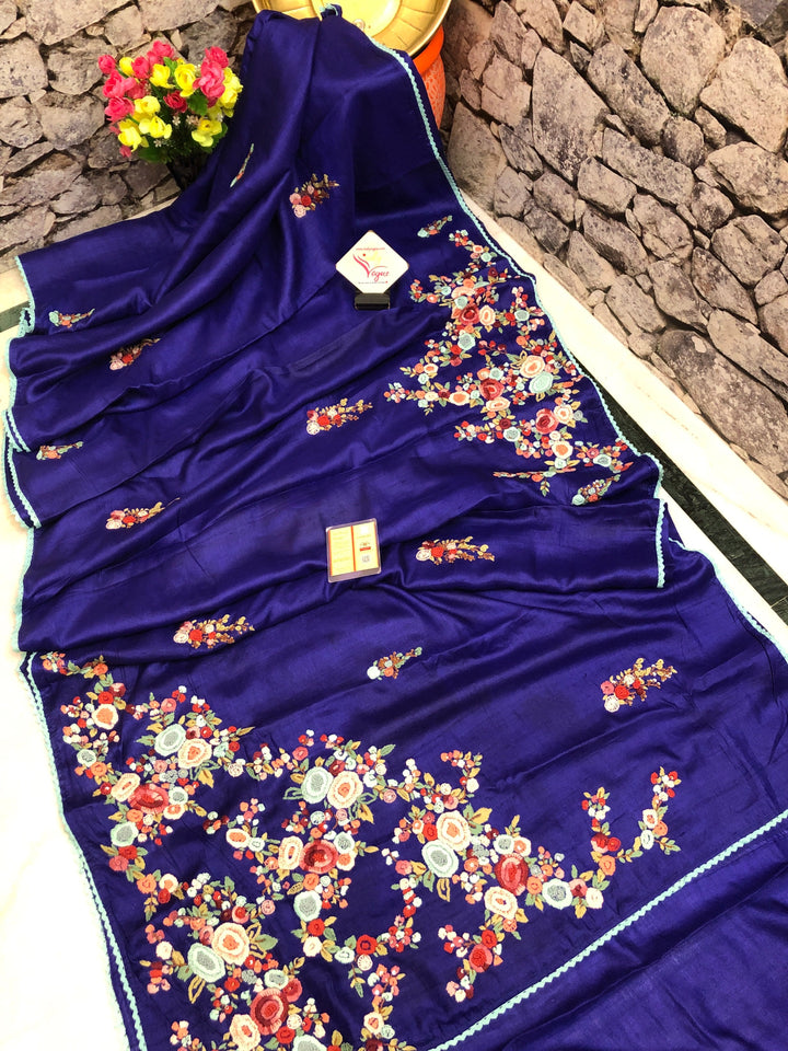 Blue Color Tussar Saree with Parsi Gara Hand Embroidery with Lace Border