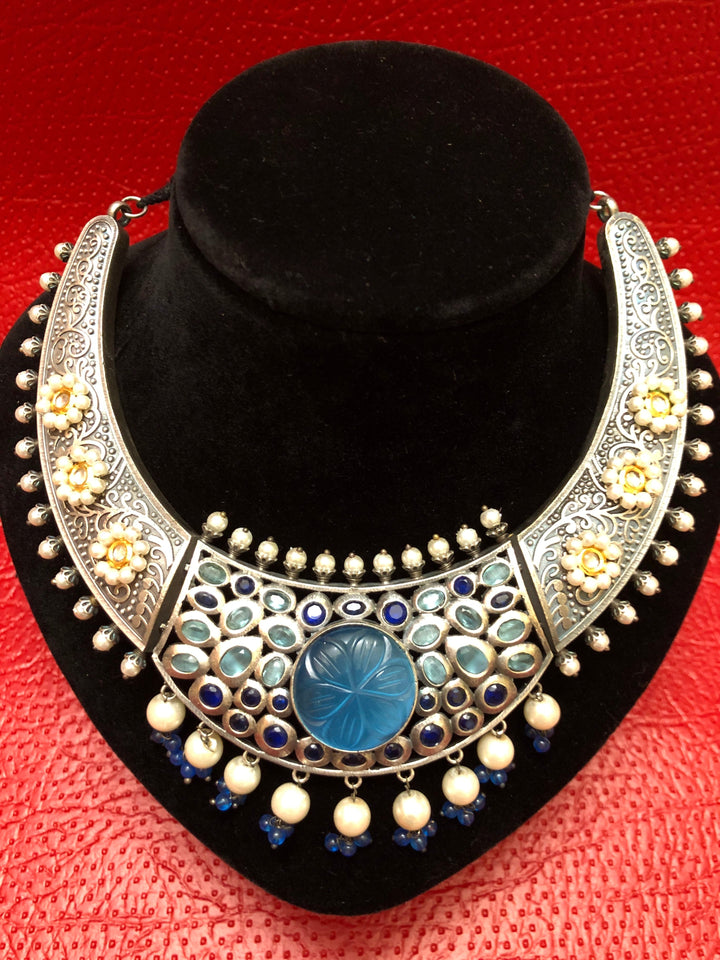 Boho Collar Necklace Choker with Monalisa Curve Stone and Kundan Work