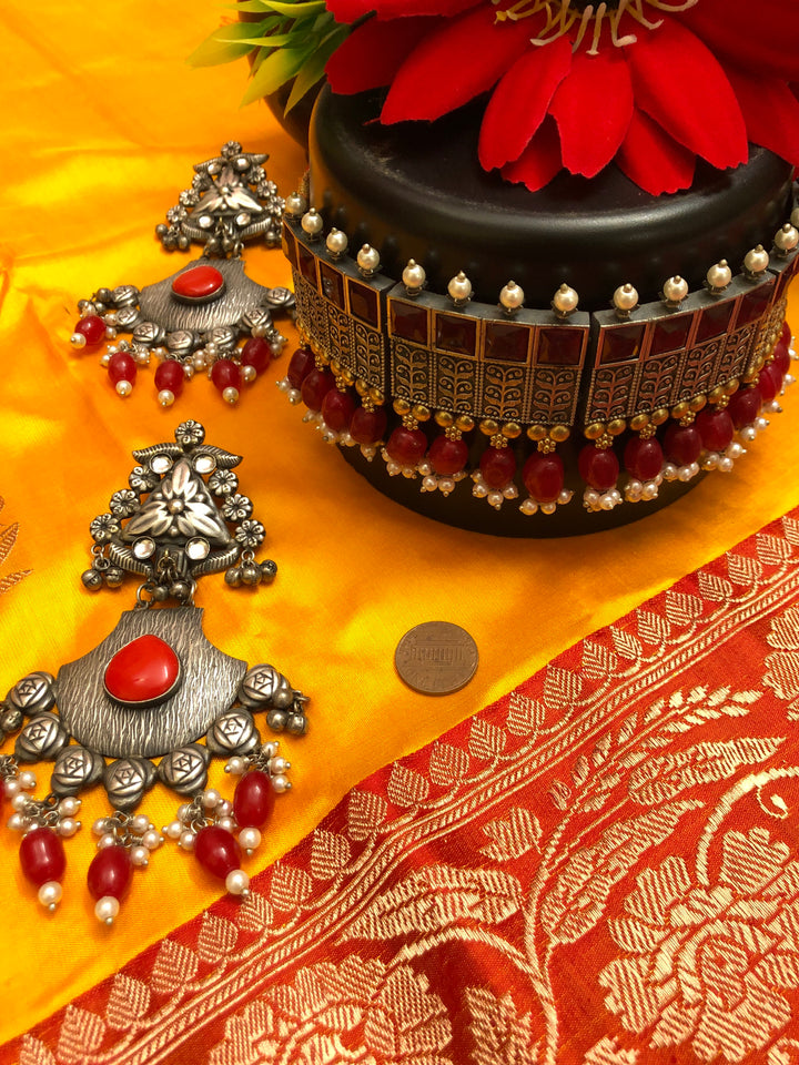Boho Style Afghan Jhanjhariya Choker Necklace Set with Black Polish