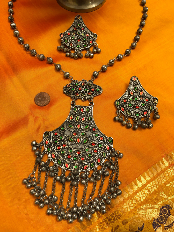 Boho Style Long Pendant Afghan Necklace Set with Black Polish