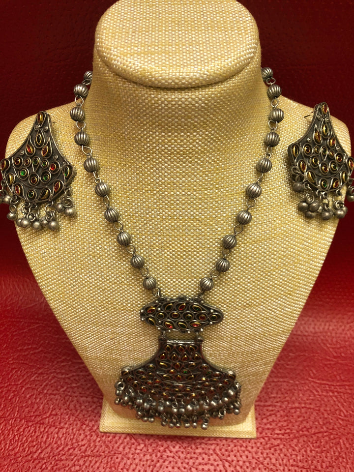 Boho Style Long Pendant Afghan Necklace Set with Black Polish