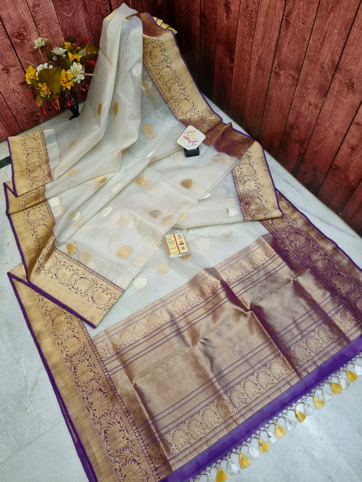 Bone White Color Pure Kora Organza Banarasi Silk Saree with Silver & Golden Zari Buti Work