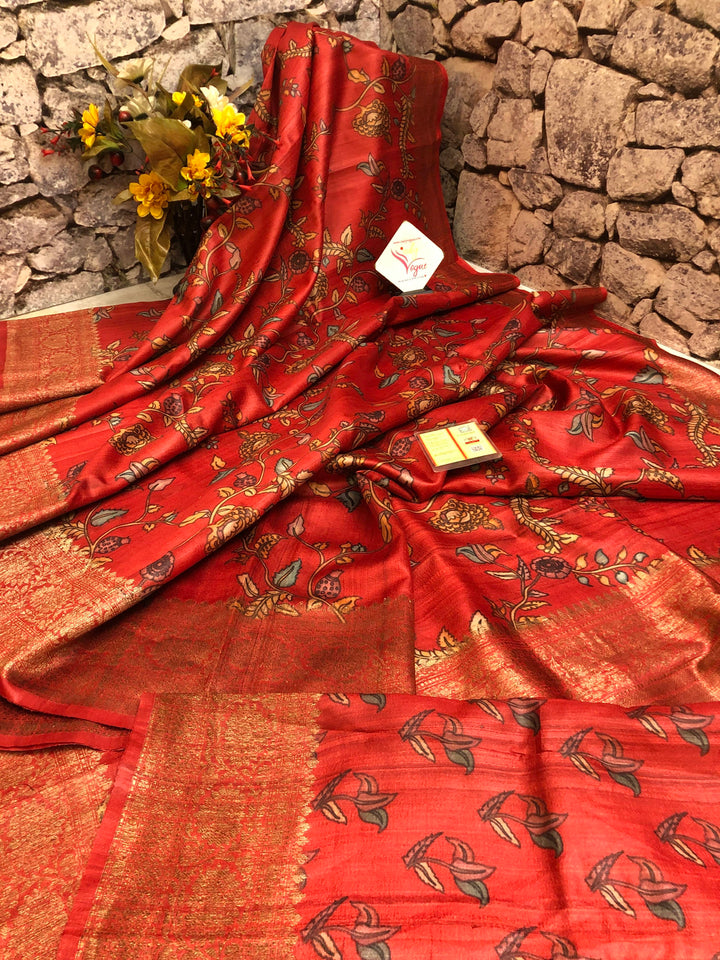 Burnt Sienna Red Color Tussar Banarasi with Kalamkari Work