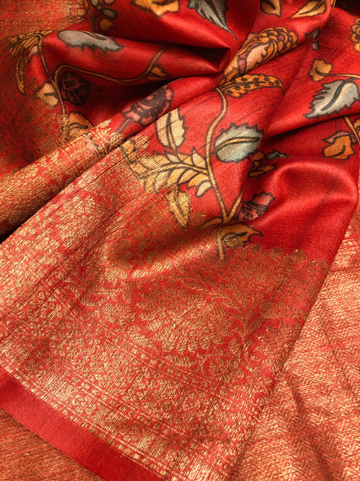 Burnt Sienna Red Color Tussar Banarasi with Kalamkari Work