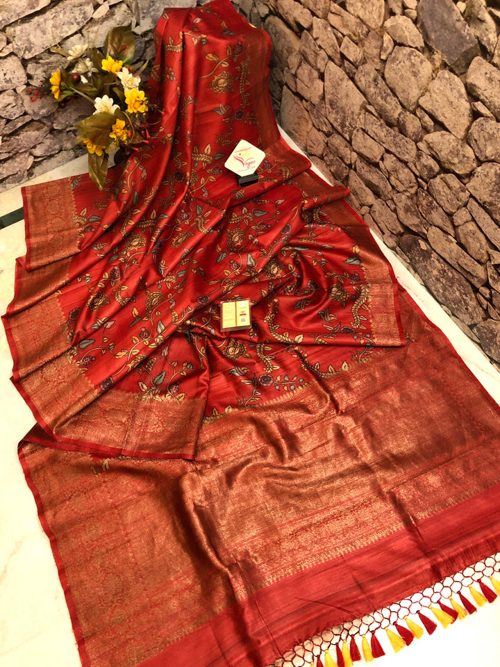 Burnt Sienna Red Color Tussar Banarasi with Kalamkari Work