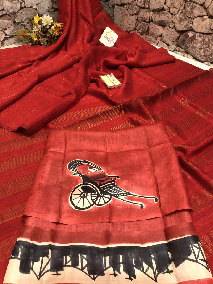 Carmine Red Color Matka Silk Saree with Hand Painted Blouse Piece