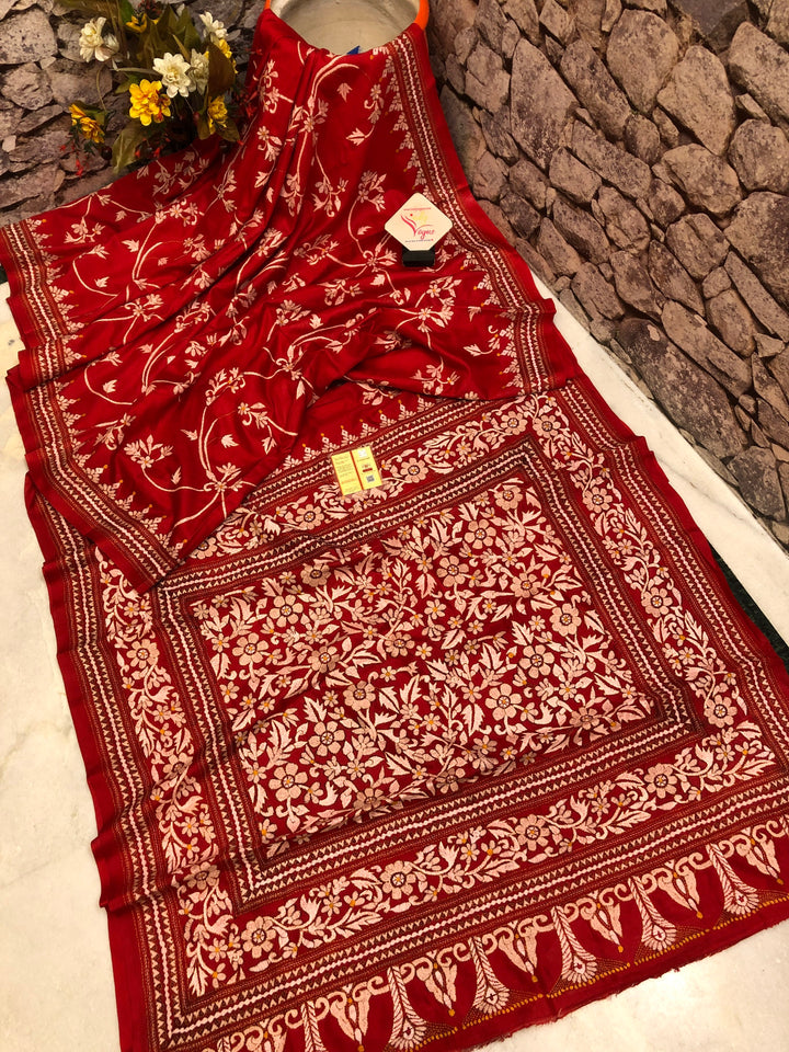 Carmine Red Color Pure Bangalore Silk Saree with Banarasi Style Jaal Work & Kantha Embroidery