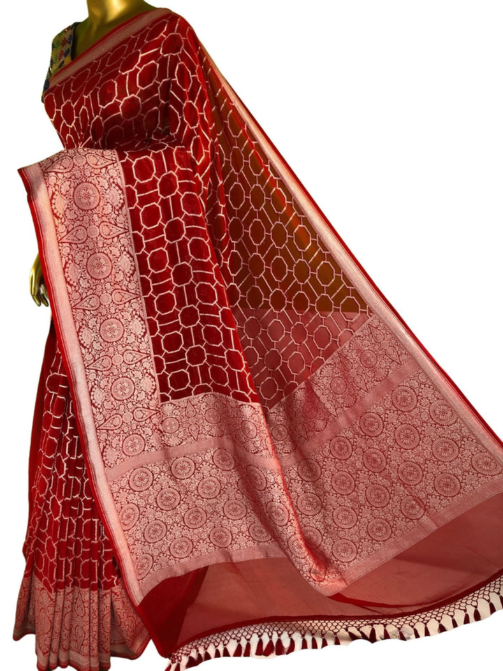 Carmine Red Color Pure Khaddi Georgette Banarasi Saree with Silver Zari Work