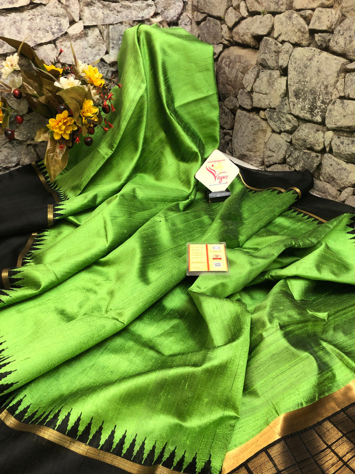 Chartreuse Green and Black Color Raw Silk Saree