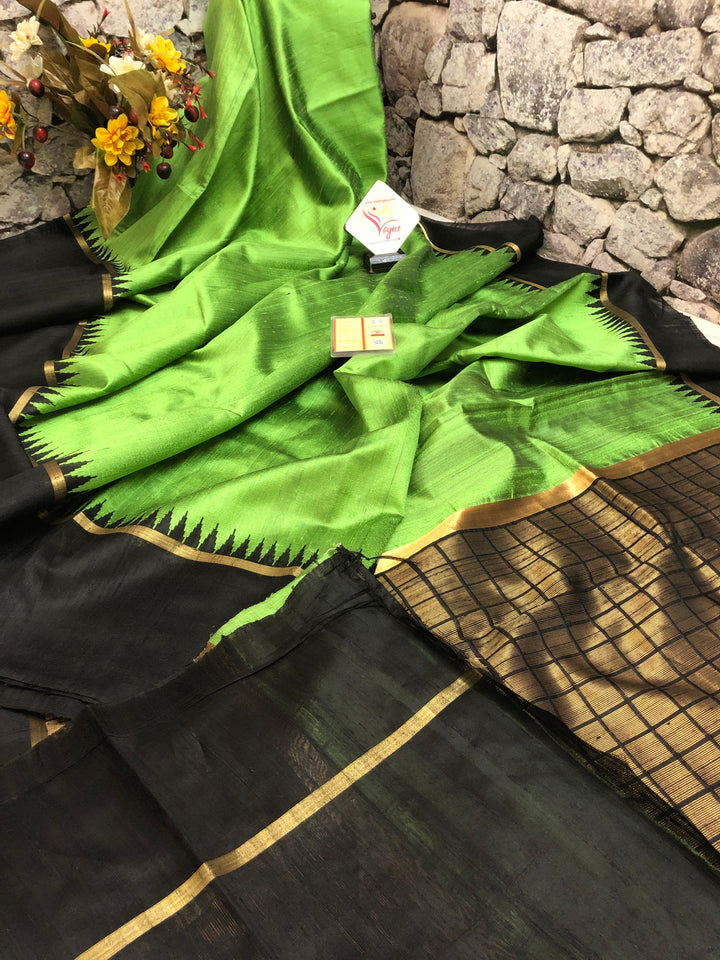 Chartreuse Green and Black Color Raw Silk Saree