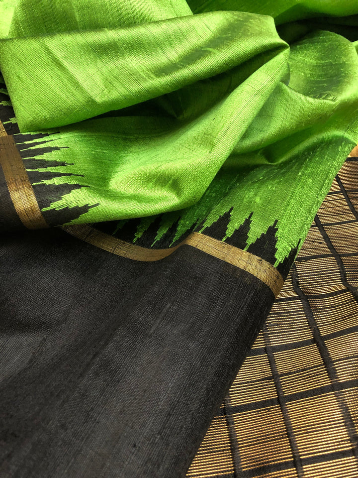 Chartreuse Green and Black Color Raw Silk Saree