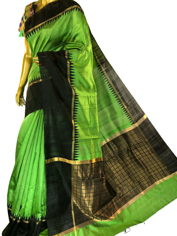 Chartreuse Green and Black Color Raw Silk Saree
