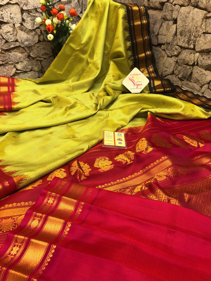 Chartreuse Green Color Gadwal Silk Saree with Ganga Jamuna Border