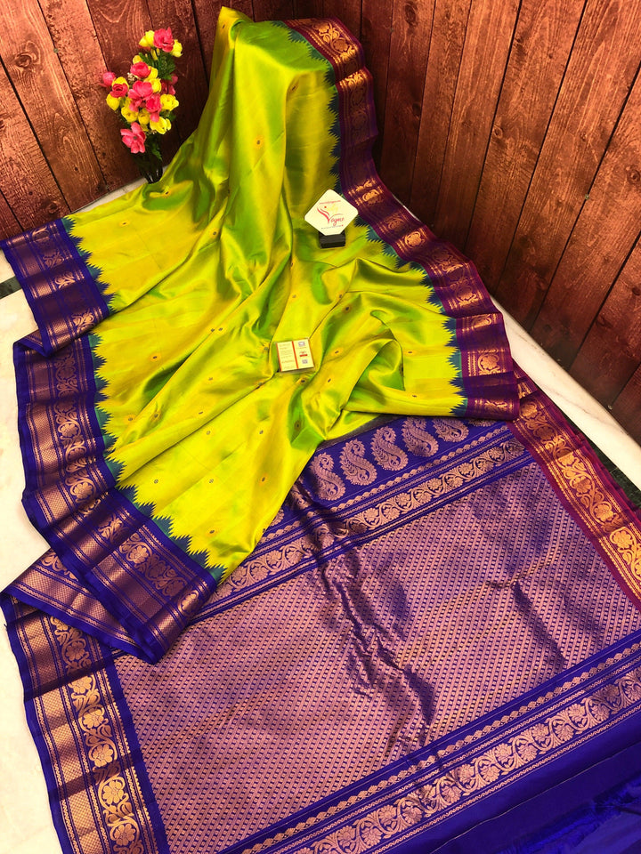 Chartreuse Green Color Pure Gadwal Silk with Ganga Jamuna Border