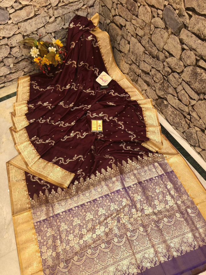 Chocolate Color Katan Satin Banarasi Saree with Tanchoi Pallu