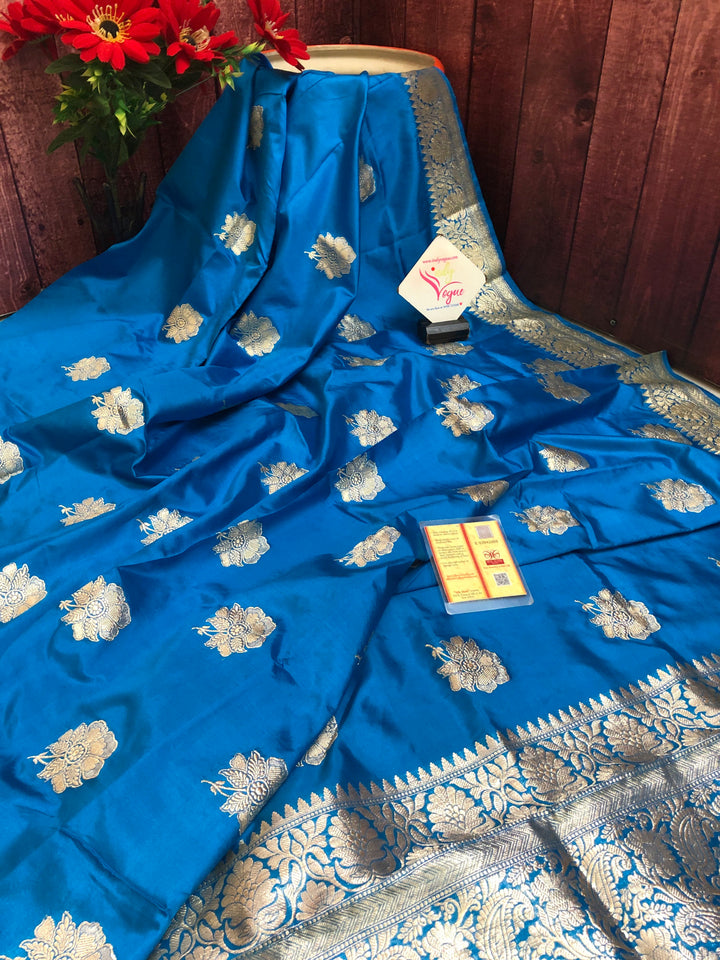 Cobalt Blue Color Katan Banarasi Saree with Silver Zari Work