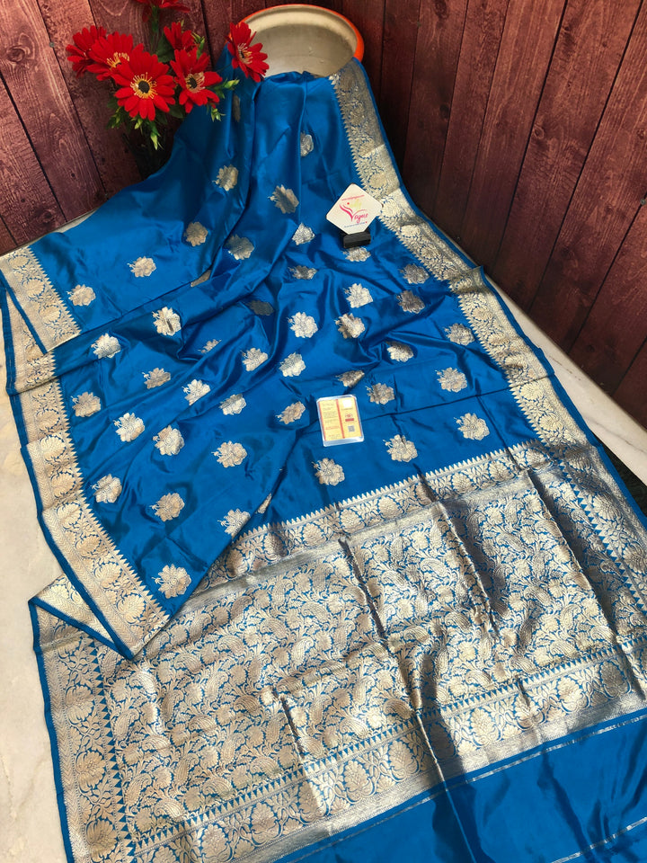 Cobalt Blue Color Katan Banarasi Saree with Silver Zari Work