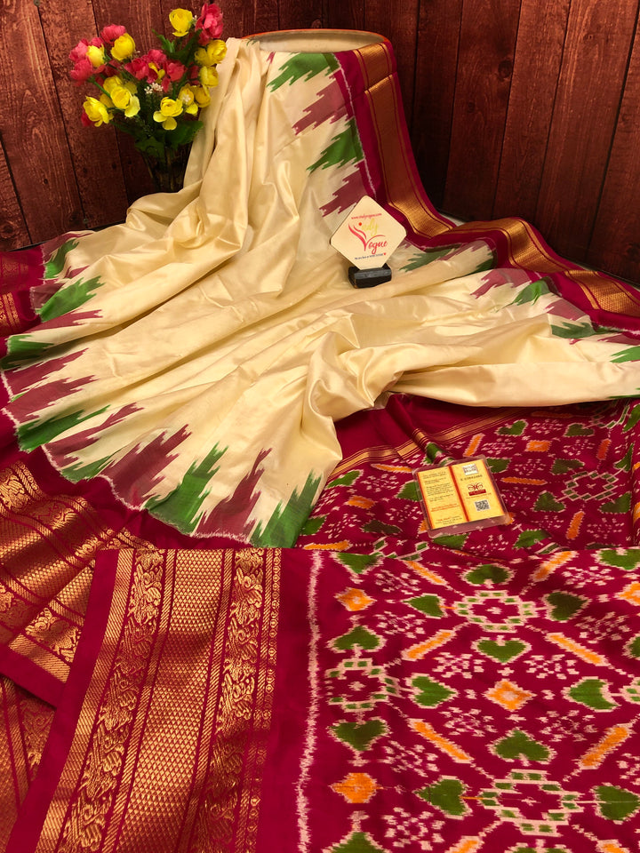 Cream and Magenta Color Ikat Silk Saree with Kanchi Border