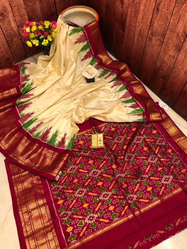 Cream and Magenta Color Ikat Silk Saree with Kanchi Border