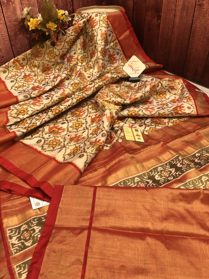 Cream and Red Color Pure Tissue Ikat Silk Saree with Allover Ikat Work