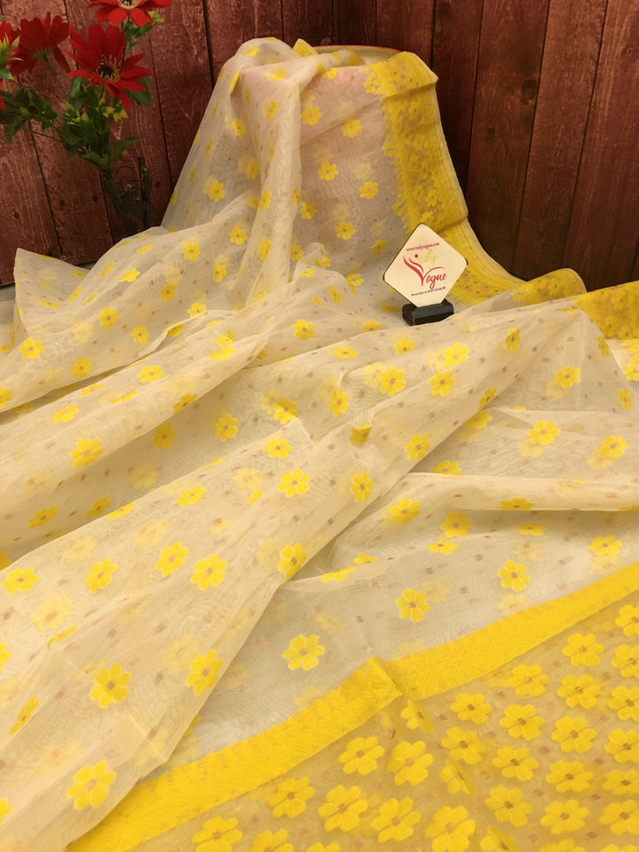 Cream Color Jamdani Saree with Meenakari Buti Work