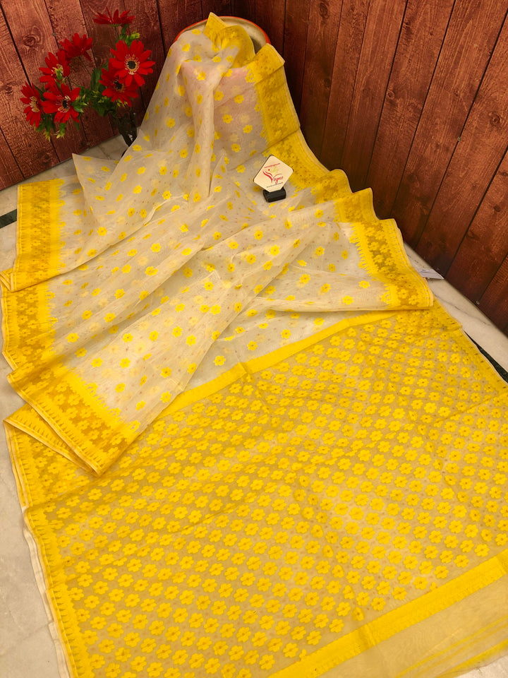 Cream Color Jamdani Saree with Meenakari Buti Work