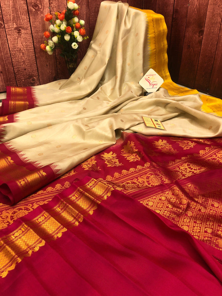 Cream Color Pure Gadwal Silk Saree with Ganga Jamuna Border