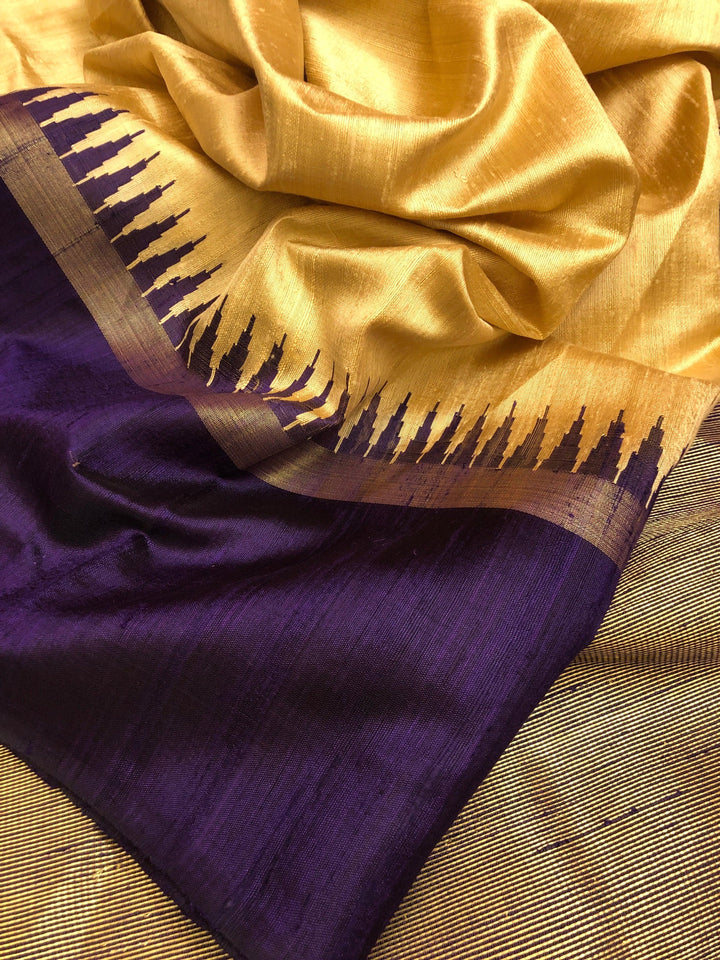 Cream Golden and Indigo Blue Color Raw Silk Saree