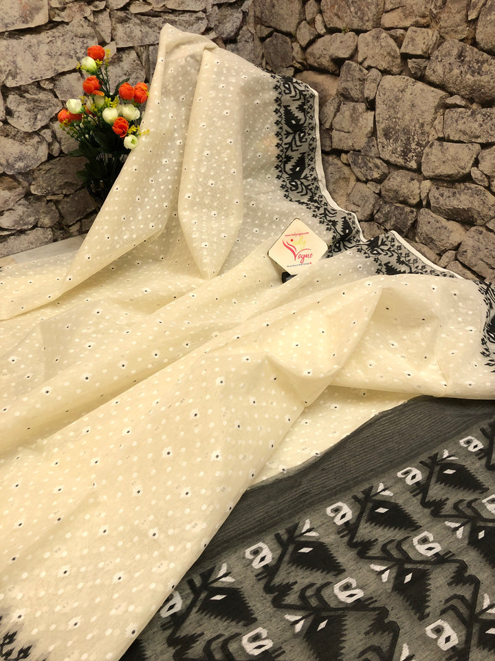 Cream White and Black Color Jamdani Saree