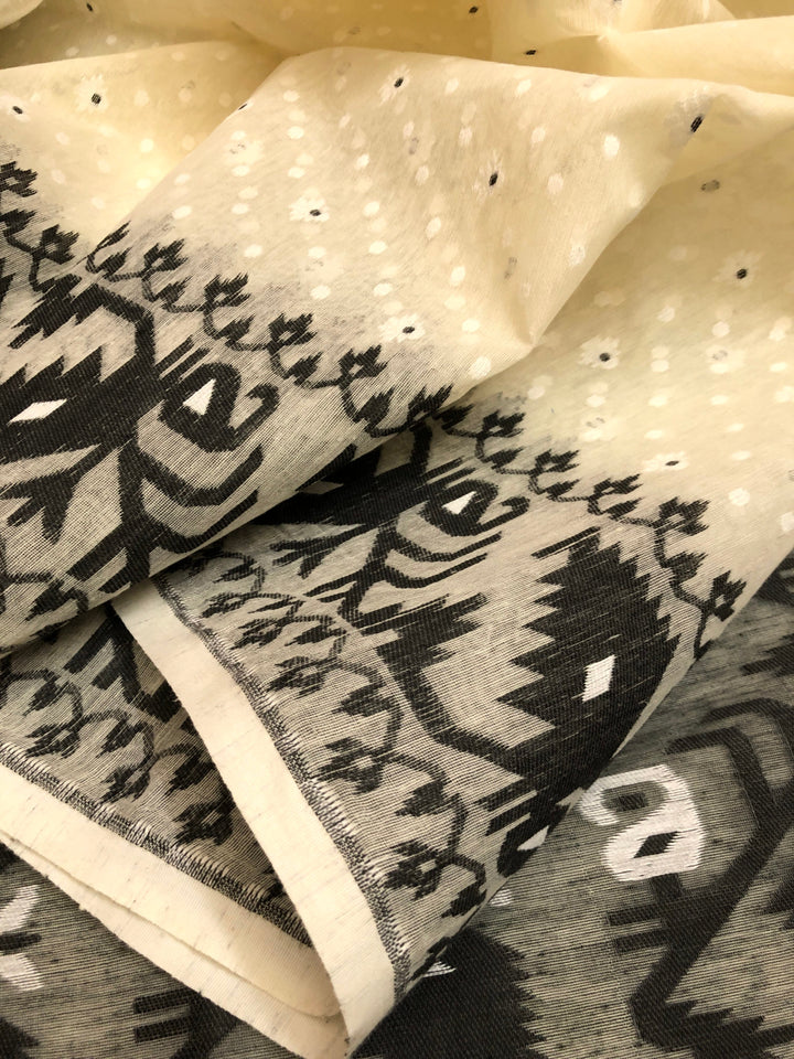 Cream White and Black Color Jamdani Saree
