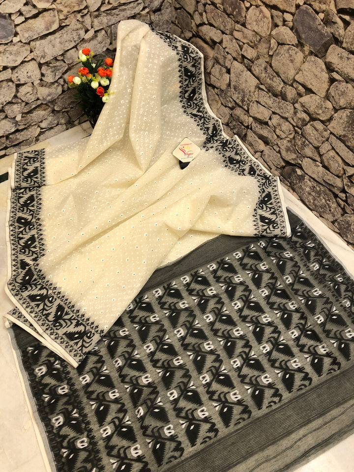 Cream White and Black Color Jamdani Saree