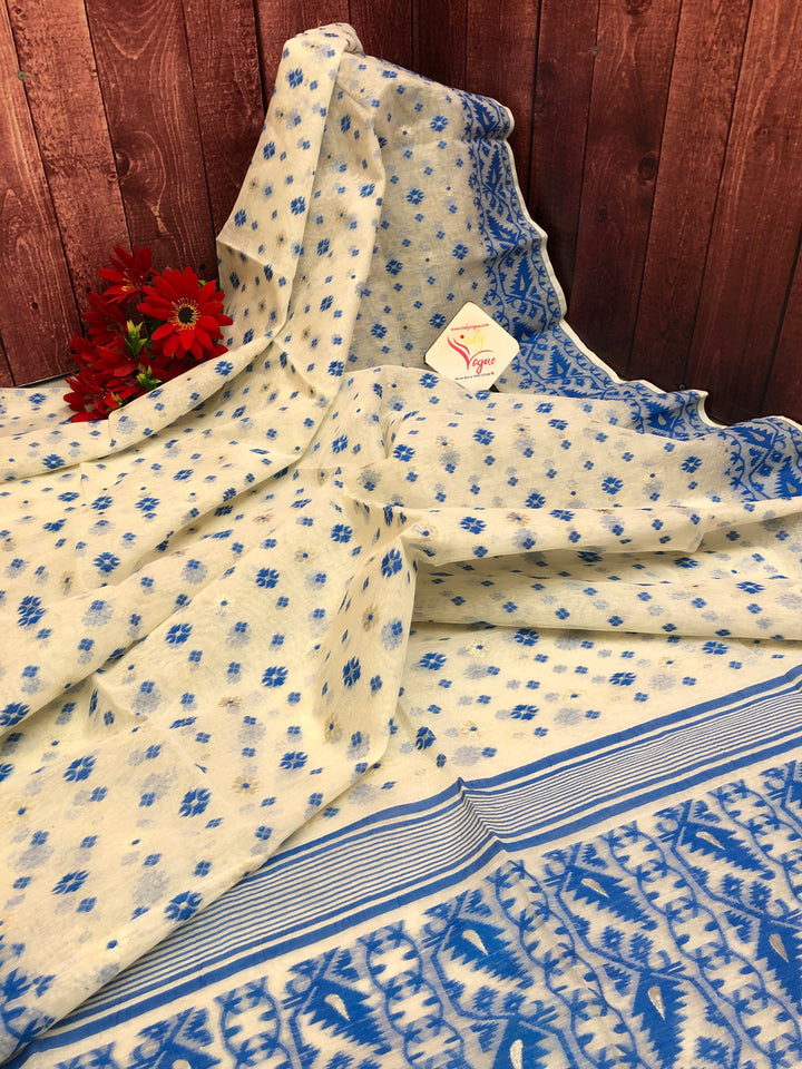 Cream White and Deep Blue Color Jamdani Saree