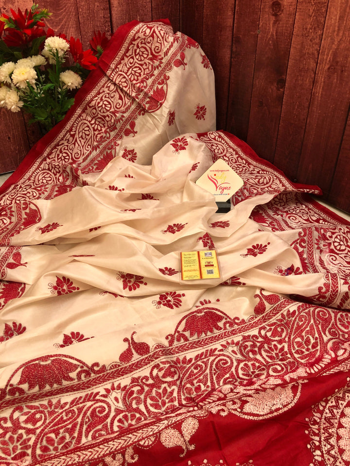 Cream White and Red Color Pure Bishnupur Katan Silk Saree with Hand Kantha Stitch