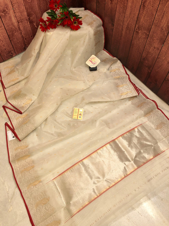 Cream White Color Pure Chanderi Silk Banarasi Saree with Meenakari Work