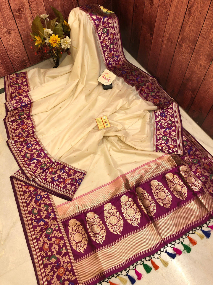 Cream White & Magenta Color Pure Katan Banarasi with Meenakari Border