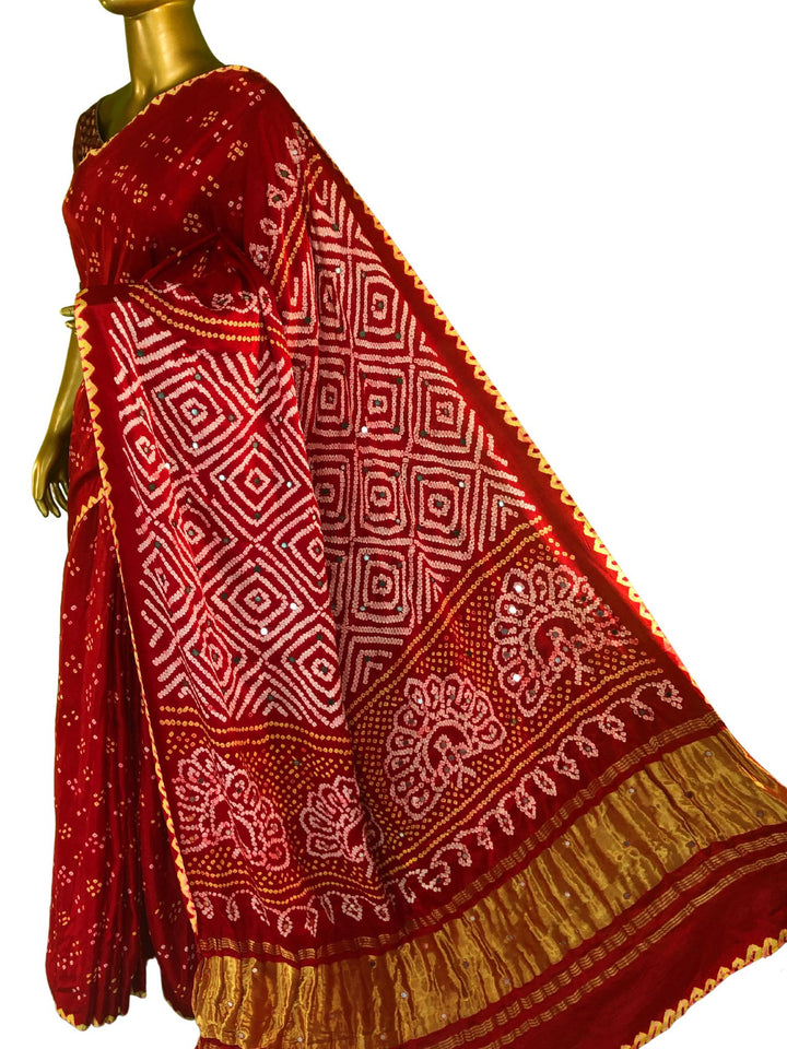 Crimson Color Pure Ghazi Silk Gharchola Saree with Mirror & Bandhej Work