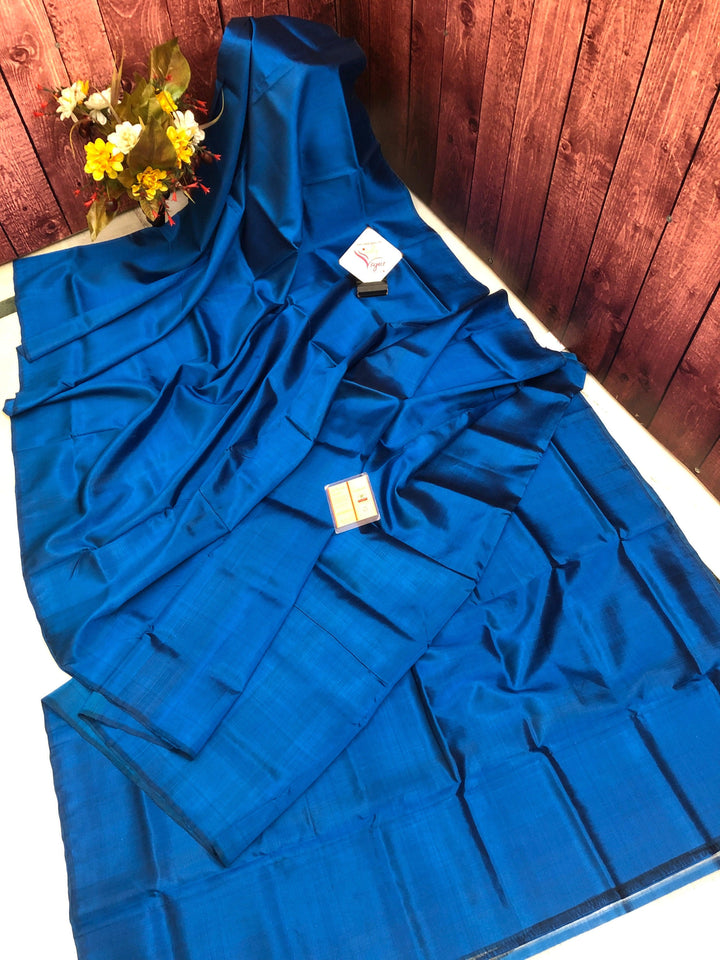 Dark Azure Blue Color Bishnupur Silk Saree with Hand Painted Kalamkari Blouse