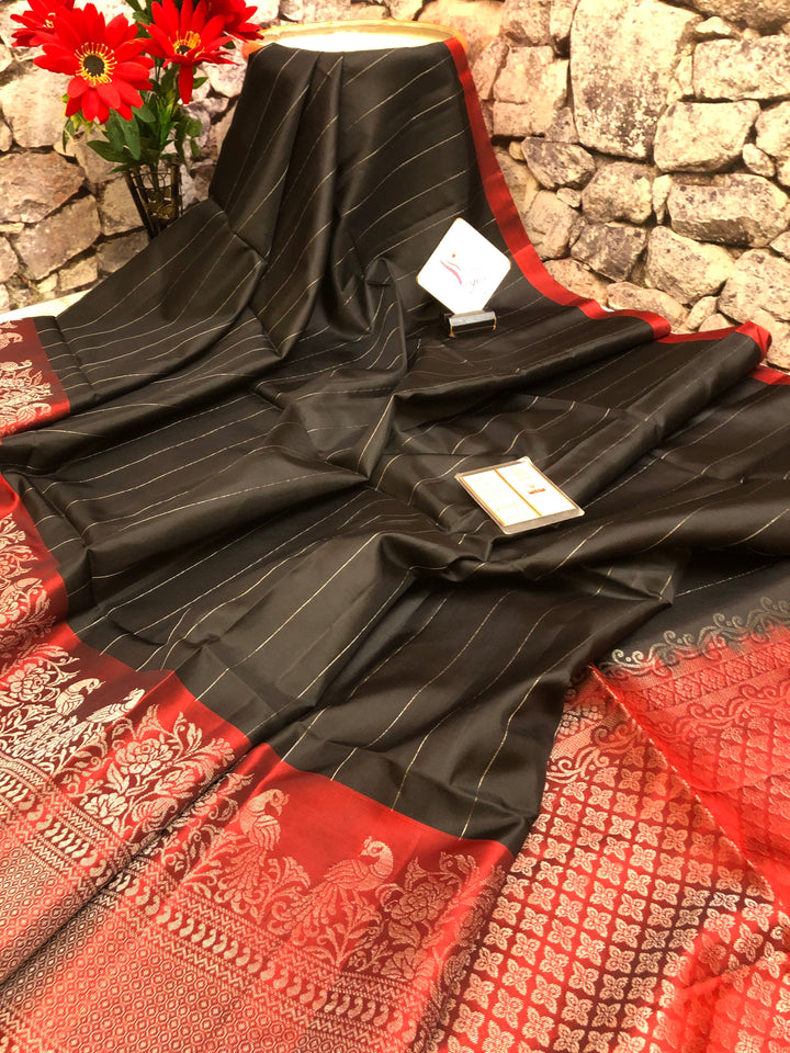 Dark Black and Red Color Soft Kanchipuram Silk Saree with Zari Stripes